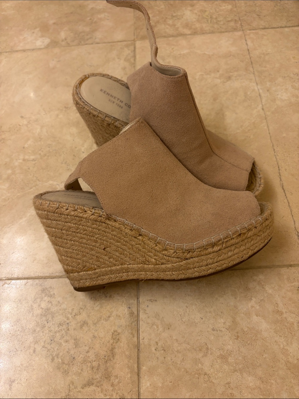 Kenneth Cole Beige Suede Espadrille Platform Wedge Sandals